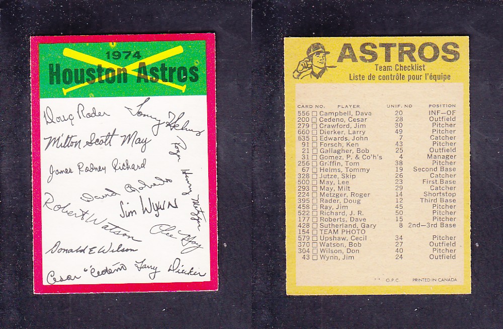 1974 O-PEE-CHEE BASEBALL CARD TEAM CHECKLIST HOUSTON ASTROS photo 1974 O-PEE-CHEE BASEBALL CARD TEAM CHECKLIST HOUSTON ASTROS photo