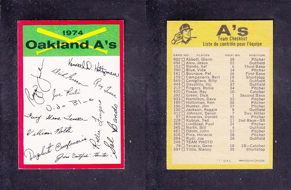1974 O-PEE-CHEE BASEBALL CARD TEAM CHECKLIST OAKLAND A'S photo 1974 O-PEE-CHEE BASEBALL CARD TEAM CHECKLIST OAKLAND A'S photo