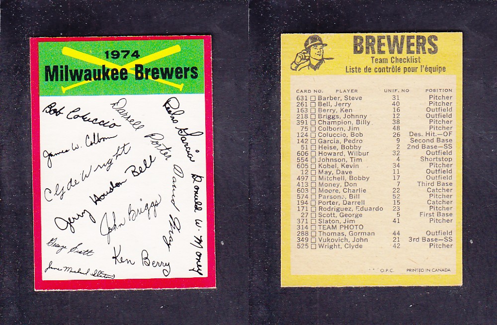 1974 O-PEE-CHEE BASEBALL CARD TEAM CHECKLIST MILWAUKEE BREWERS photo 1974 O-PEE-CHEE BASEBALL CARD TEAM CHECKLIST MILWAUKEE BREWERS photo