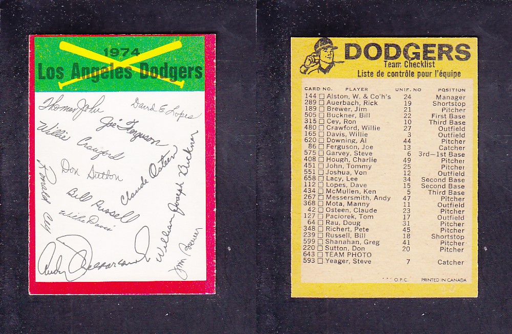 1974 O-PEE-CHEE BASEBALL CARD TEAM CHECKLIST LOS ANGELES DODGERS photo 1974 O-PEE-CHEE BASEBALL CARD TEAM CHECKLIST LOS ANGELES DODGERS photo