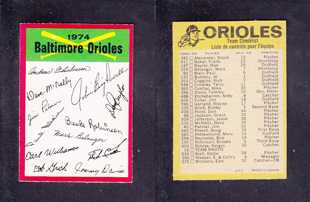 1974 O-PEE-CHEE BASEBALL CARD TEAM CHECKLIST BALTIMORE ORIOLES photo 1974 O-PEE-CHEE BASEBALL CARD TEAM CHECKLIST BALTIMORE ORIOLES photo