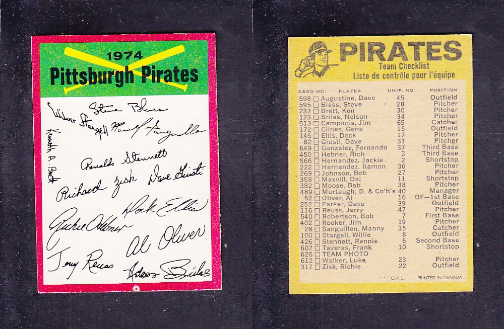 1974 O-PEE-CHEE BASEBALL CARD TEAM CHECKLIST PITTSBURGH PIRATES photo 1974 O-PEE-CHEE BASEBALL CARD TEAM CHECKLIST PITTSBURGH PIRATES photo