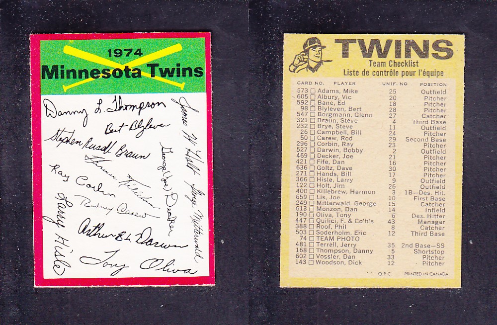 1974 O-PEE-CHEE BASEBALL CARD TEAM CHECKLIST MINNESOTA TWINS photo 1974 O-PEE-CHEE BASEBALL CARD TEAM CHECKLIST MINNESOTA TWINS photo