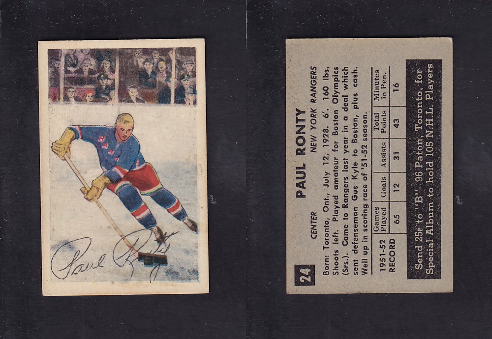 1952-53 PARKHURST HOCKEY CARD #24 P. RONTY photo 1952-53 PARKHURST HOCKEY CARD #24 P. RONTY photo
