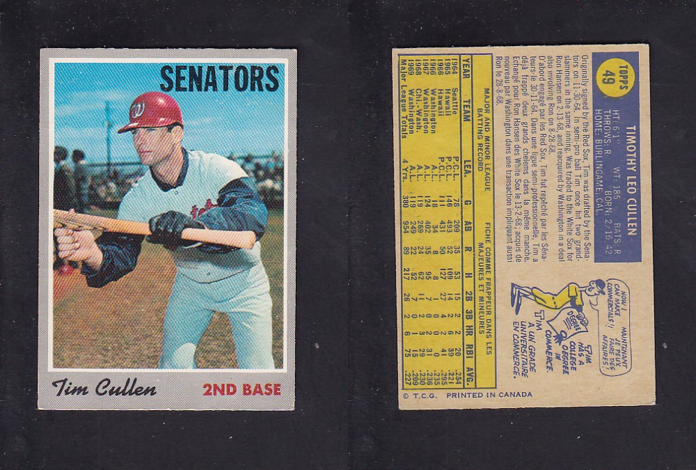 1970 O-PEE-CHEE BASEBALL CARD #49 T. CULLEN photo 1970 O-PEE-CHEE BASEBALL CARD #49 T. CULLEN photo