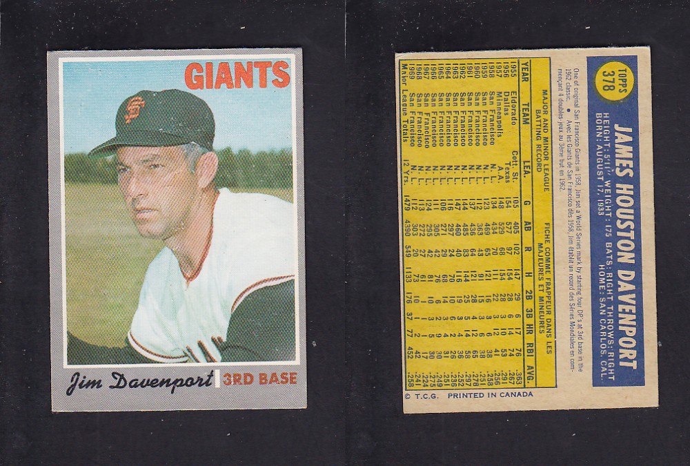1970 O-PEE-CHEE BASEBALL CARD #378 J. DAVENPORT photo 1970 O-PEE-CHEE BASEBALL CARD #378 J. DAVENPORT photo