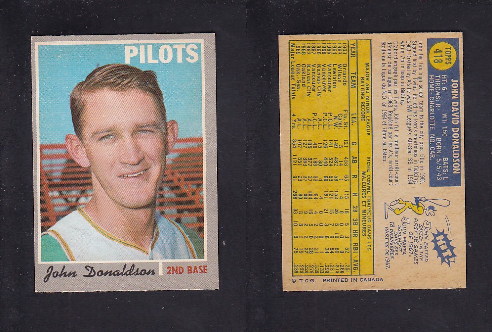 1970 O-PEE-CHEE BASEBALL CARD #418 J. DONALDSON photo 1970 O-PEE-CHEE BASEBALL CARD #418 J. DONALDSON photo