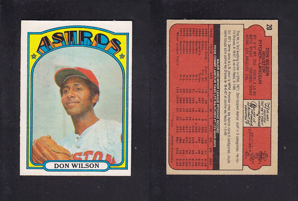 1972 O-PEE-CHEE BASEBALL CARD #20 D. WILSON photo 1972 O-PEE-CHEE BASEBALL CARD #20 D. WILSON photo