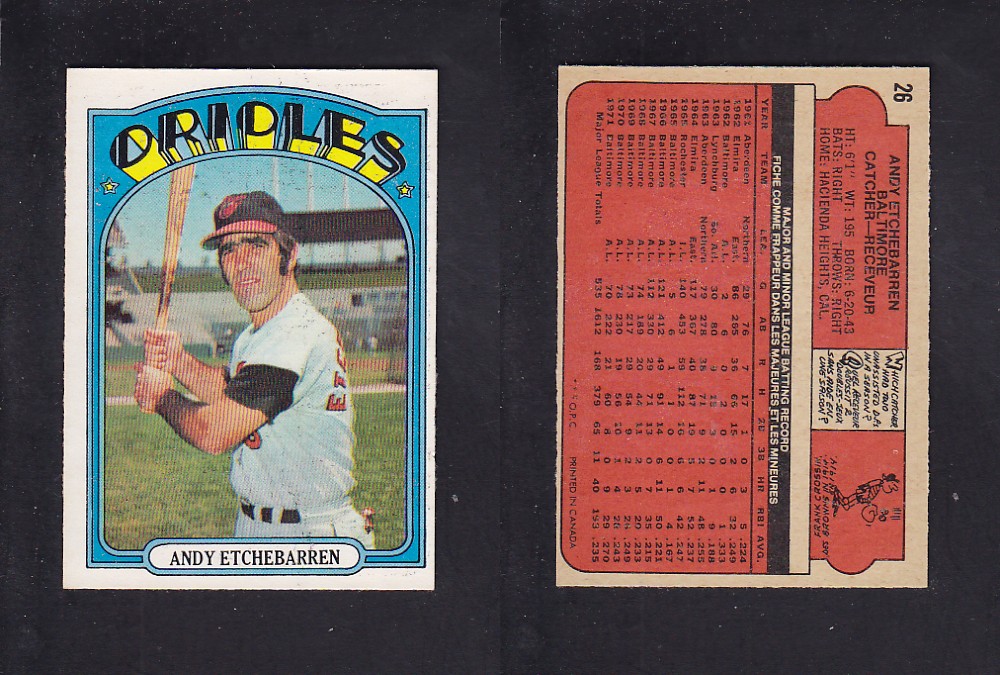 1972 O-PEE-CHEE BASEBALL CARD #26 A. ETCHEBARREN photo 1972 O-PEE-CHEE BASEBALL CARD #26 A. ETCHEBARREN photo