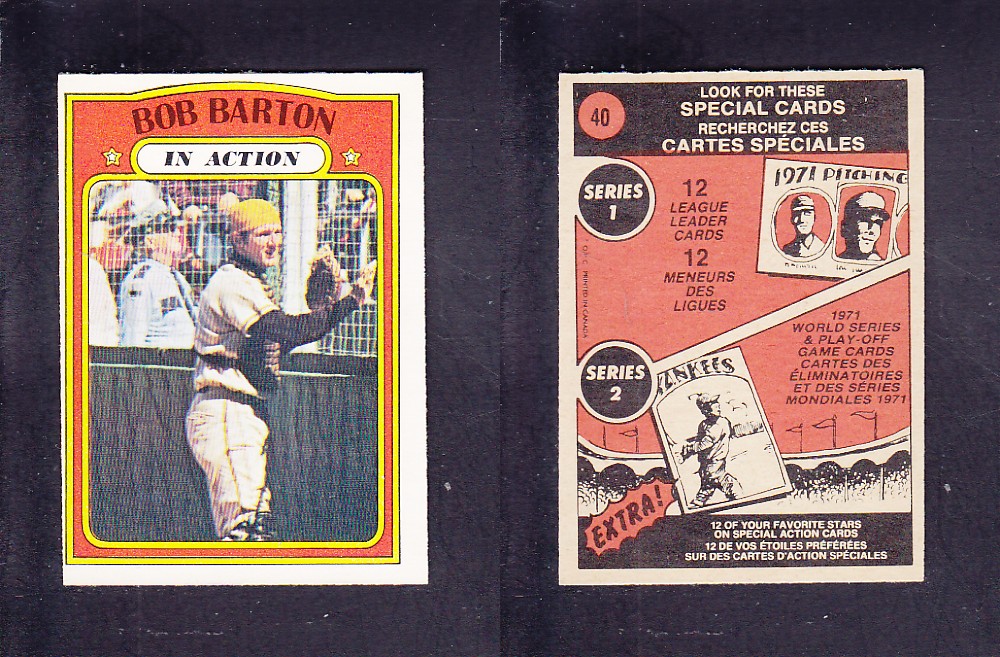 1972 O-PEE-CHEE BASEBALL CARD #40 B. BARTON IN ACTION photo 1972 O-PEE-CHEE BASEBALL CARD #40 B. BARTON IN ACTION photo