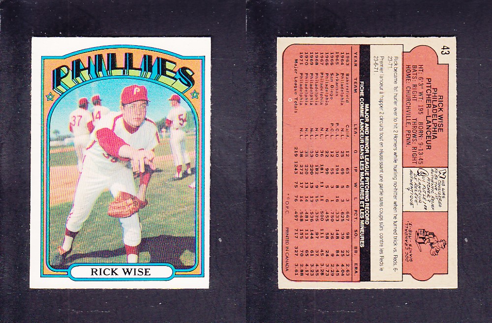 1972 O-PEE-CHEE BASEBALL CARD #43 R. WISE photo 1972 O-PEE-CHEE BASEBALL CARD #43 R. WISE photo