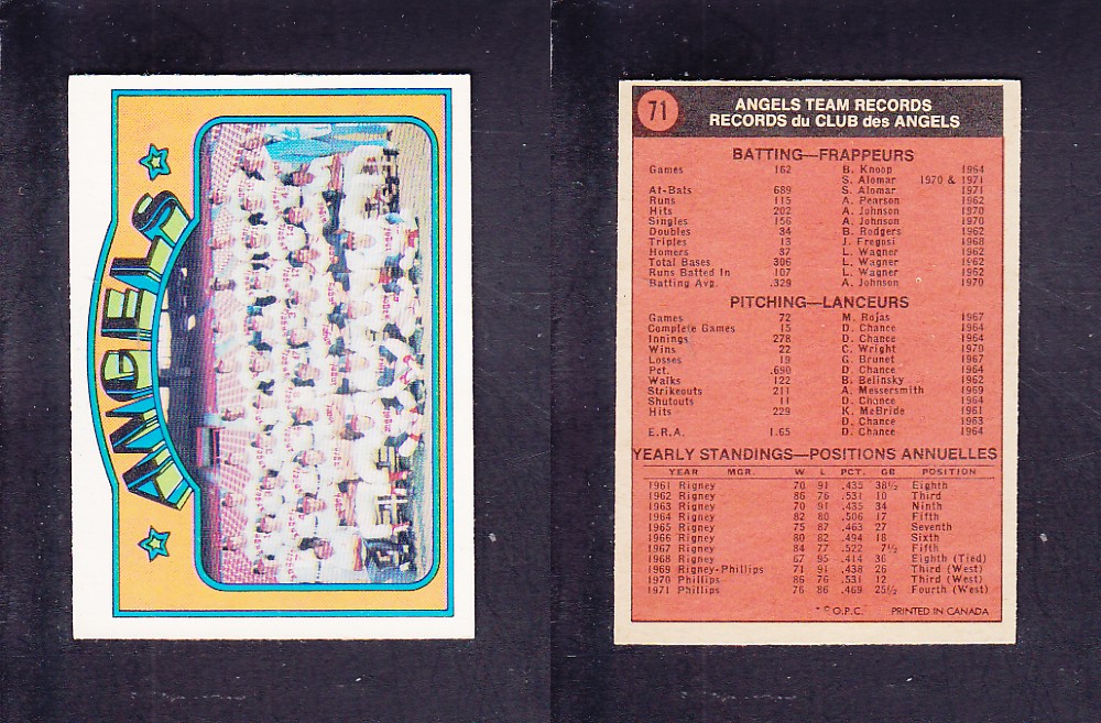 1972 O-PEE-CHEE BASEBALL CARD #71 ANGELS TEAM photo 1972 O-PEE-CHEE BASEBALL CARD #71 ANGELS TEAM photo