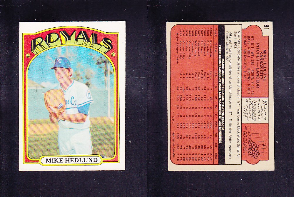 1972 O-PEE-CHEE BASEBALL CARD #81 M. HEDLUND photo 1972 O-PEE-CHEE BASEBALL CARD #81 M. HEDLUND photo