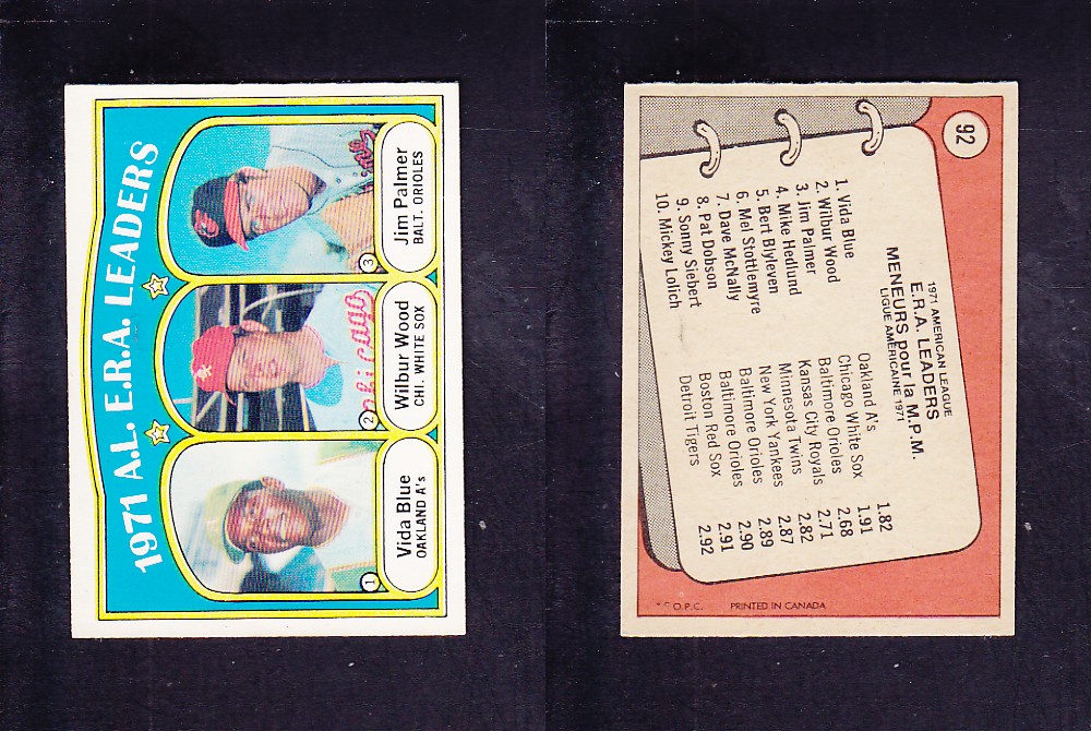 1972 O-PEE-CHEE BASEBALL CARD #92 A.L. E.R.A. LEADERS photo 1972 O-PEE-CHEE BASEBALL CARD #92 A.L. E.R.A. LEADERS photo