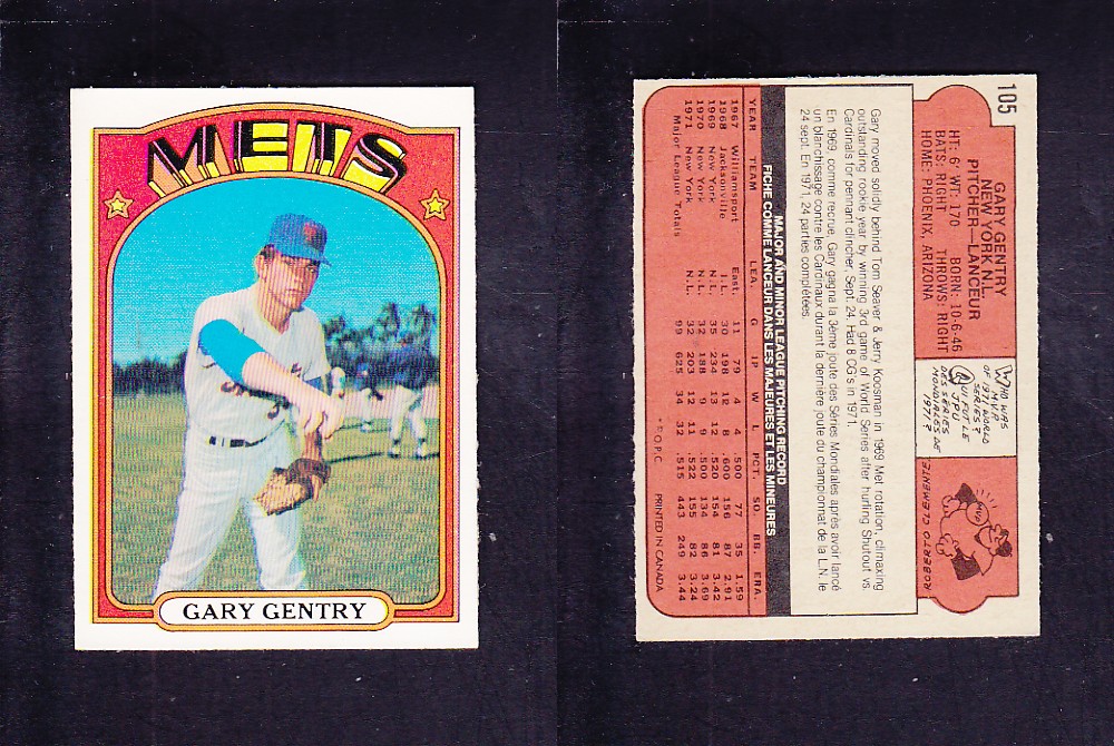 1972 O-PEE-CHEE BASEBALL CARD #105 G. GENTRY photo 1972 O-PEE-CHEE BASEBALL CARD #105 G. GENTRY photo
