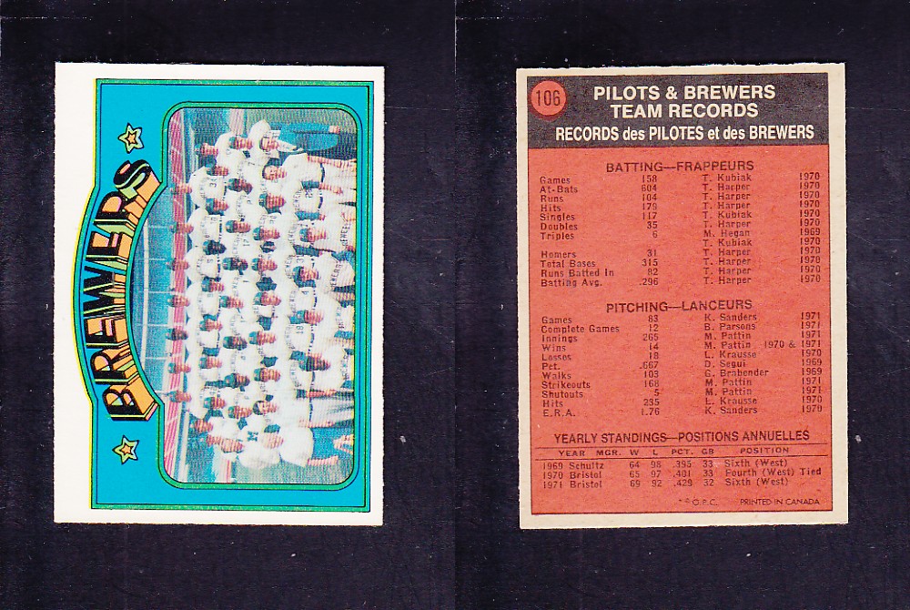 1972 O-PEE-CHEE BASEBALL CARD #106 BREWERS TEAM photo 1972 O-PEE-CHEE BASEBALL CARD #106 BREWERS TEAM photo