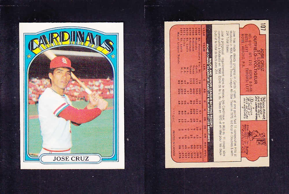 1972 O-PEE-CHEE BASEBALL CARD #107 J. CRUZ photo 1972 O-PEE-CHEE BASEBALL CARD #107 J. CRUZ photo