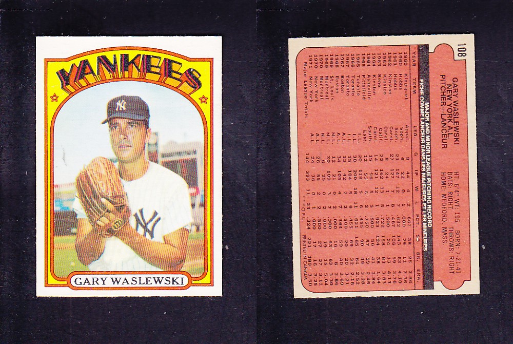 1972 O-PEE-CHEE BASEBALL CARD #108 G. WASLEWSKI photo 1972 O-PEE-CHEE BASEBALL CARD #108 G. WASLEWSKI photo