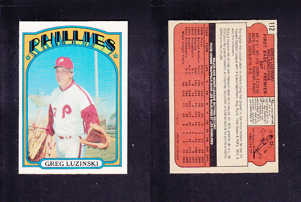 1972 O-PEE-CHEE BASEBALL CARD #112 G. LUZINSKI photo 1972 O-PEE-CHEE BASEBALL CARD #112 G. LUZINSKI photo