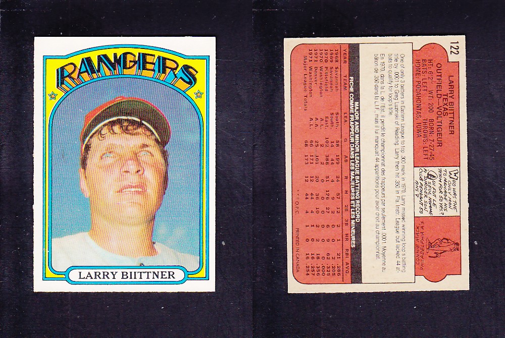 1972 O-PEE-CHEE BASEBALL CARD #122 L. BIITTNER photo 1972 O-PEE-CHEE BASEBALL CARD #122 L. BIITTNER photo