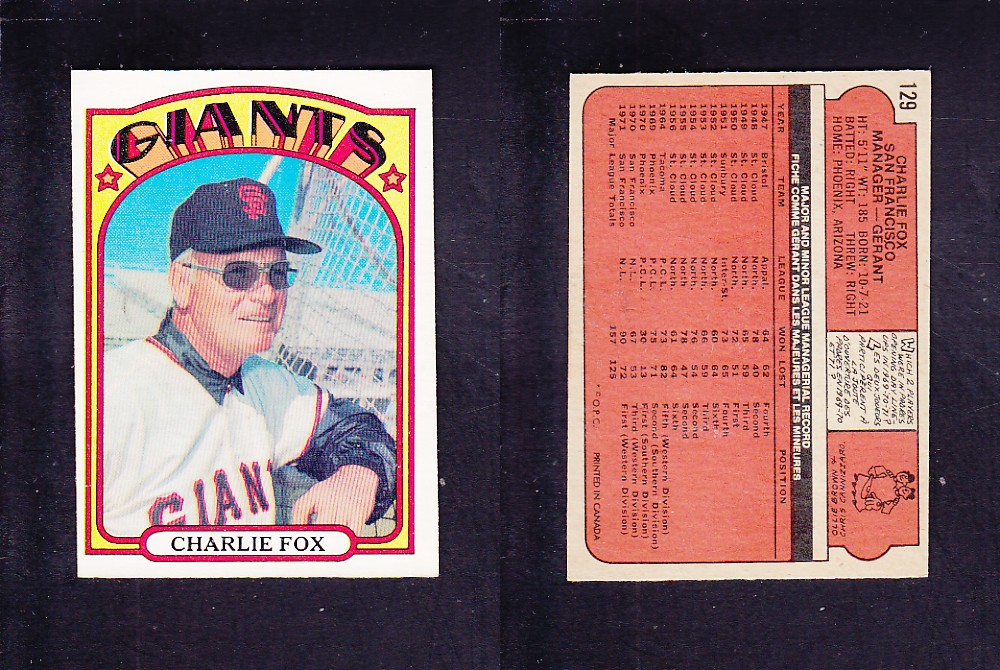 1972 O-PEE-CHEE BASEBALL CARD #129 C. FOX photo 1972 O-PEE-CHEE BASEBALL CARD #129 C. FOX photo