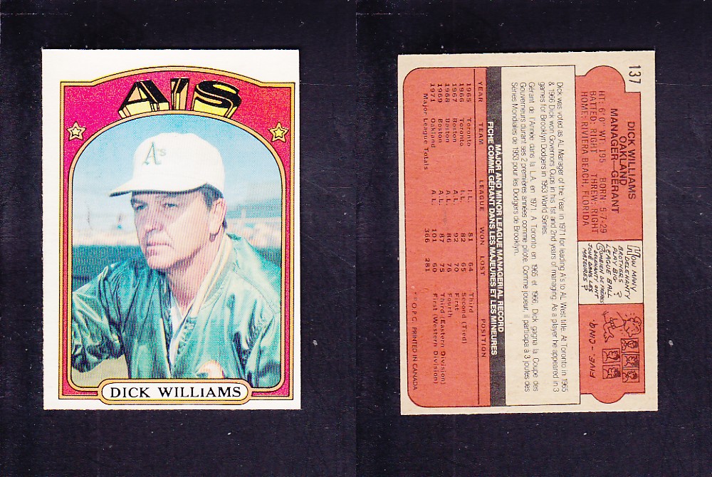 1972 O-PEE-CHEE BASEBALL CARD #137 D. WILLIAMS photo 1972 O-PEE-CHEE BASEBALL CARD #137 D. WILLIAMS photo