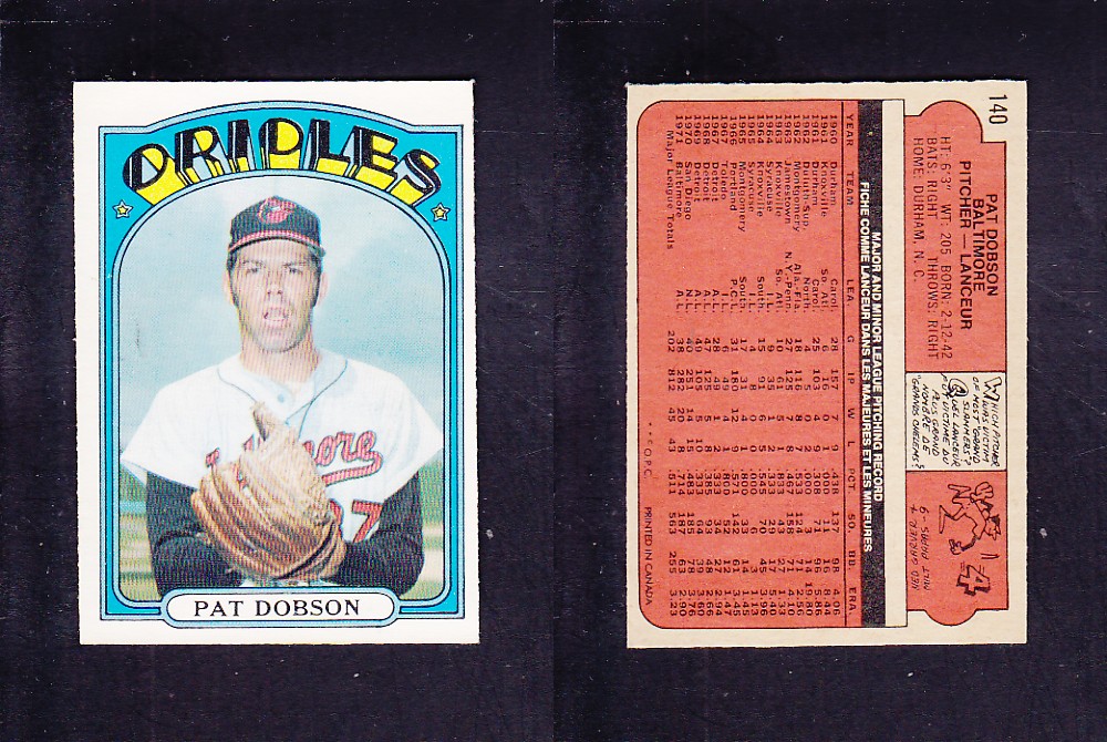1972 O-PEE-CHEE BASEBALL CARD #140 P. DOBSON photo 1972 O-PEE-CHEE BASEBALL CARD #140 P. DOBSON photo