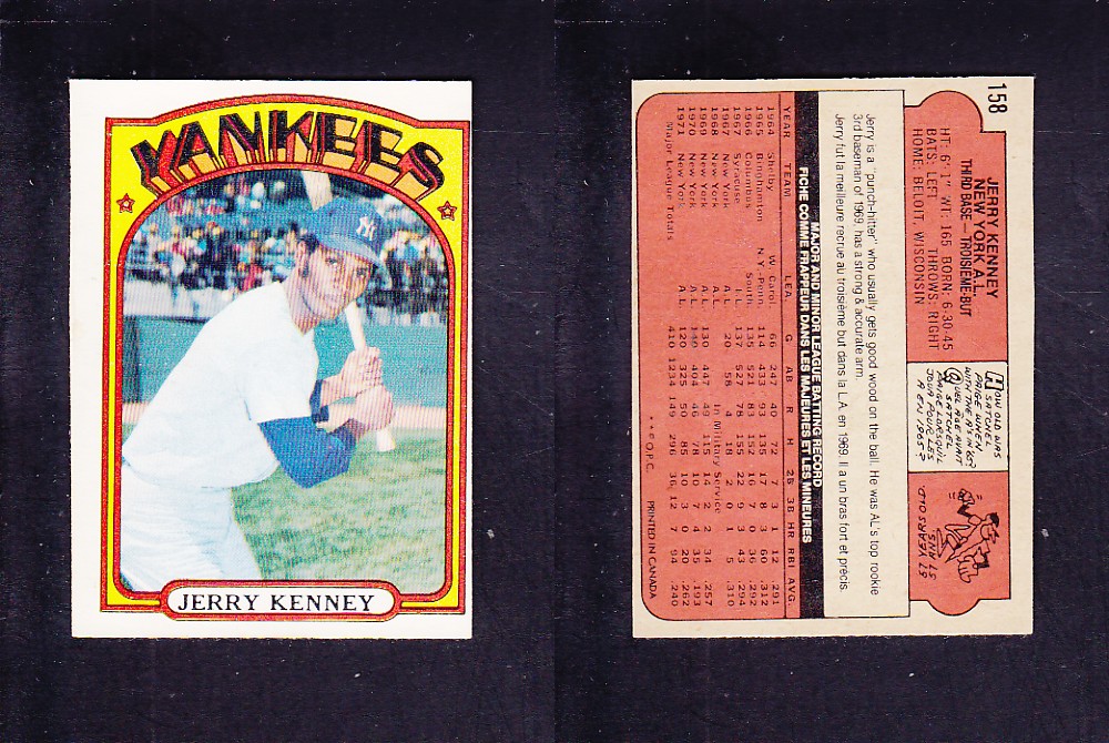1972 O-PEE-CHEE BASEBALL CARD #158 J. KENNEY photo 1972 O-PEE-CHEE BASEBALL CARD #158 J. KENNEY photo