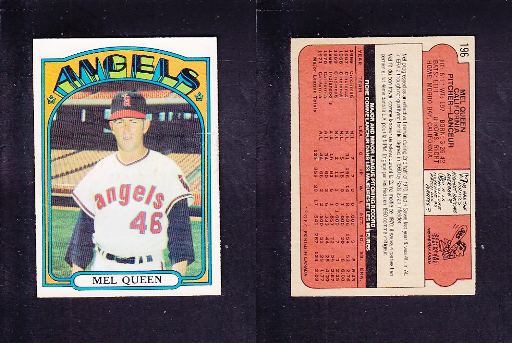 1972 O-PEE-CHEE BASEBALL CARD #196 M. QUEEN photo 1972 O-PEE-CHEE BASEBALL CARD #196 M. QUEEN photo
