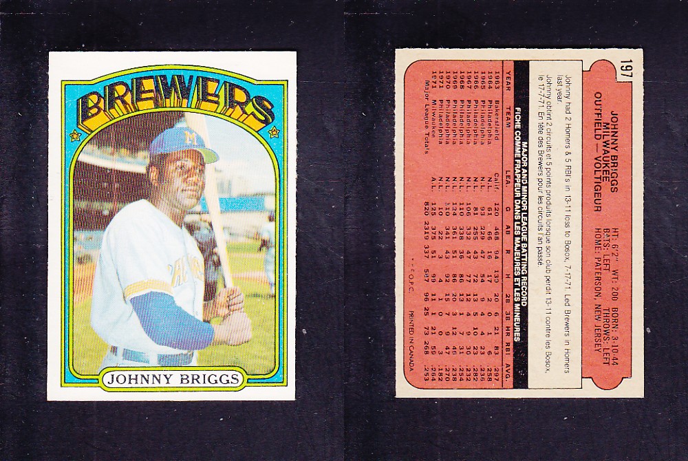 1972 O-PEE-CHEE BASEBALL CARD #197 J. BRIGGS photo 1972 O-PEE-CHEE BASEBALL CARD #197 J. BRIGGS photo