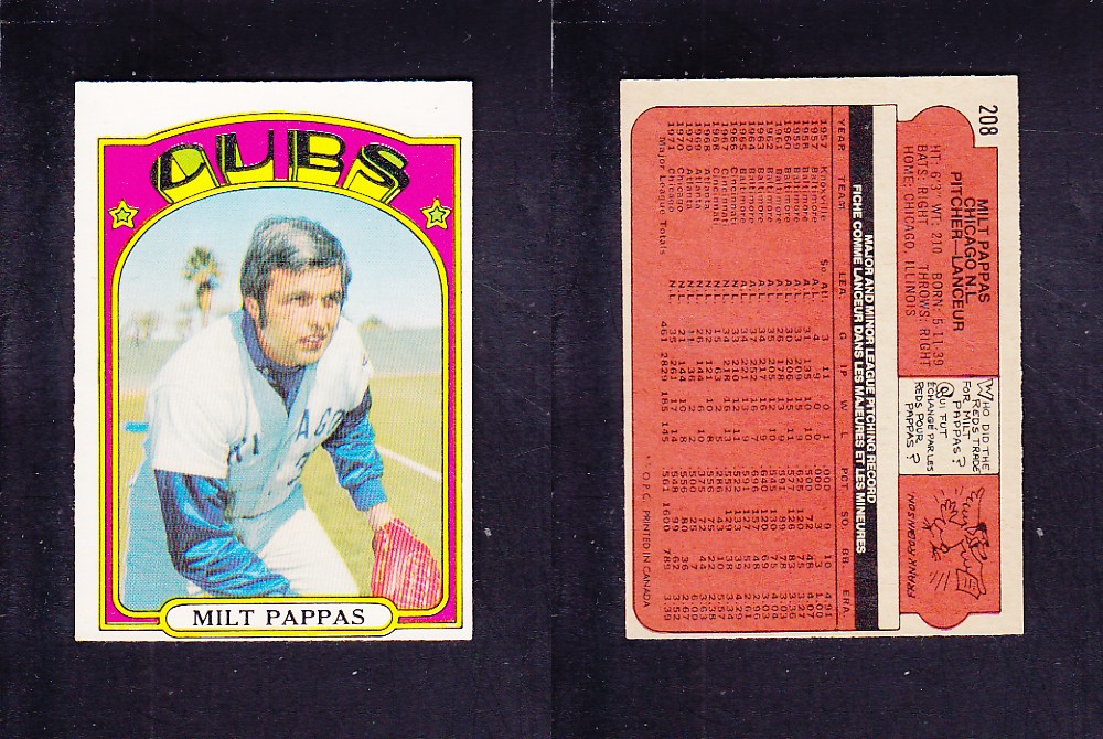 1972 O-PEE-CHEE BASEBALL CARD #208 M. PAPPAS photo 1972 O-PEE-CHEE BASEBALL CARD #208 M. PAPPAS photo