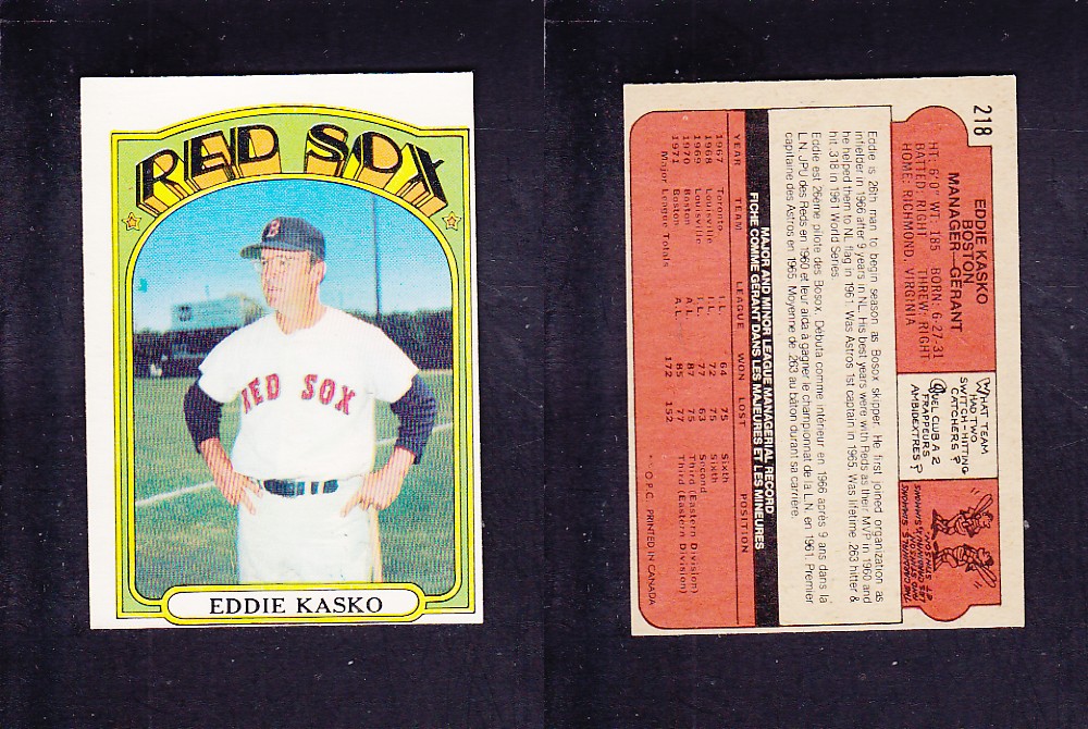 1972 O-PEE-CHEE BASEBALL CARD #218 E. KASKO photo 1972 O-PEE-CHEE BASEBALL CARD #218 E. KASKO photo