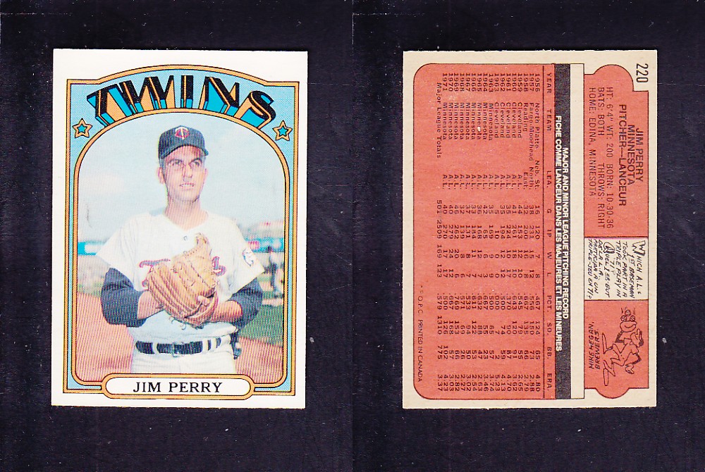1972 O-PEE-CHEE BASEBALL CARD #220 J. PERRY photo 1972 O-PEE-CHEE BASEBALL CARD #220 J. PERRY photo