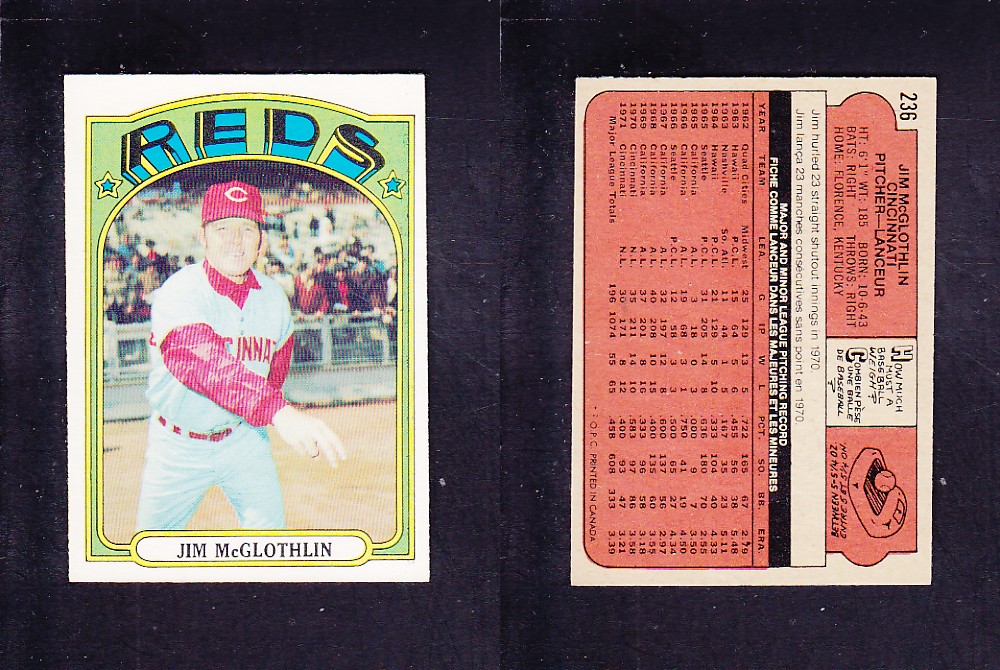 1972 O-PEE-CHEE BASEBALL CARD #236 J. McGLOTHLIN photo 1972 O-PEE-CHEE BASEBALL CARD #236 J. McGLOTHLIN photo