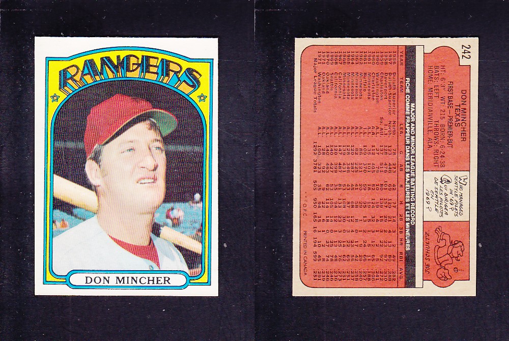 1972 O-PEE-CHEE BASEBALL CARD #242 D. MINCHER photo 1972 O-PEE-CHEE BASEBALL CARD #242 D. MINCHER photo