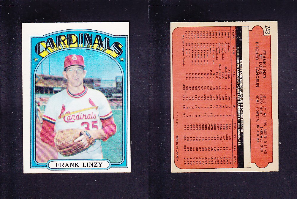 1972 O-PEE-CHEE BASEBALL CARD #243 F. LINZY photo 1972 O-PEE-CHEE BASEBALL CARD #243 F. LINZY photo