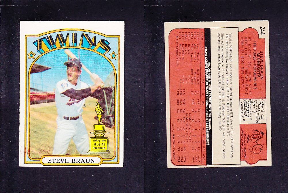 1972 O-PEE-CHEE BASEBALL CARD #244 S. BRAUN photo 1972 O-PEE-CHEE BASEBALL CARD #244 S. BRAUN photo