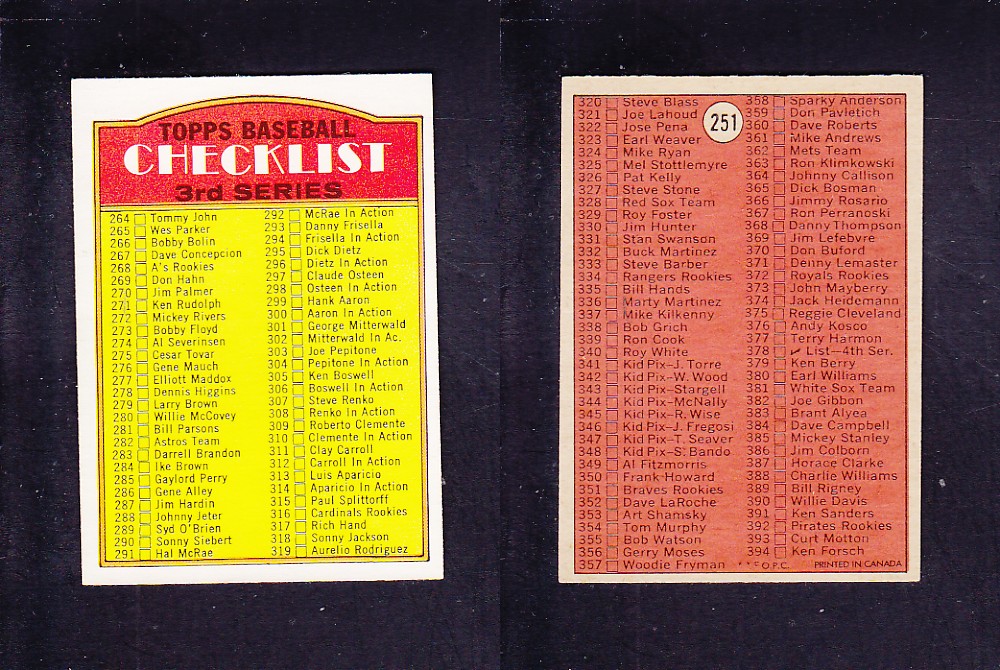 1972 O-PEE-CHEE BASEBALL CARD #251 3RD SERIES CHECKLIST photo 1972 O-PEE-CHEE BASEBALL CARD #251 3RD SERIES CHECKLIST photo