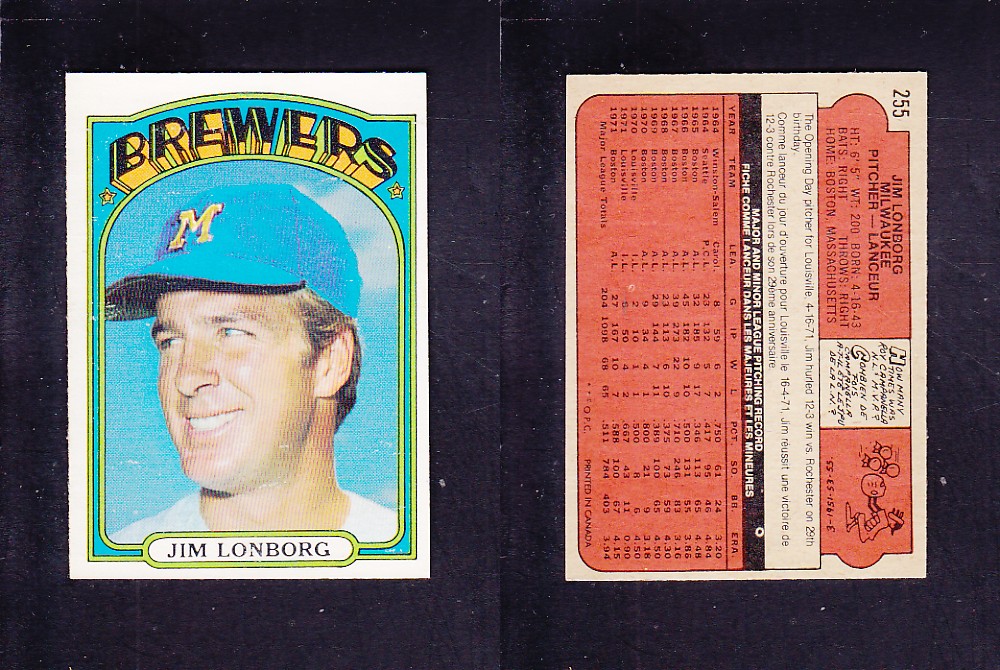 1972 O-PEE-CHEE BASEBALL CARD #255 J. LONBORG photo 1972 O-PEE-CHEE BASEBALL CARD #255 J. LONBORG photo
