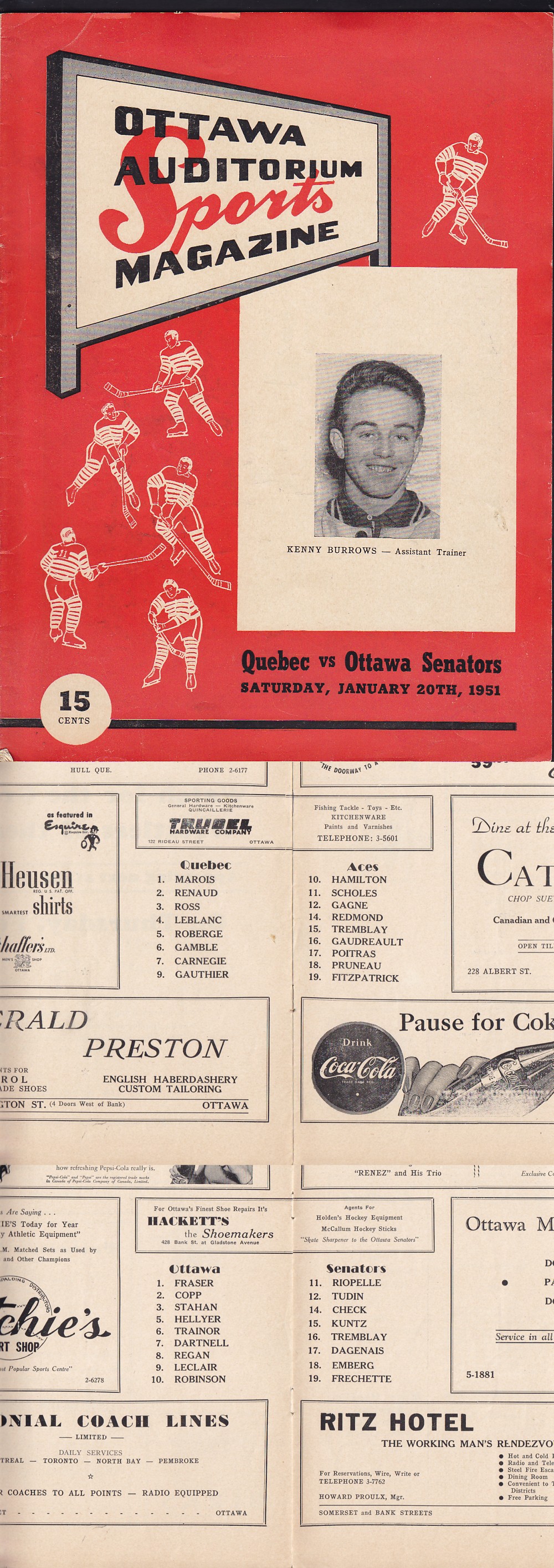 1951 OTTAWA SENATORS VS QUEBEC ACES PROGRAM photo 1951 OTTAWA SENATORS VS QUEBEC ACES PROGRAM photo