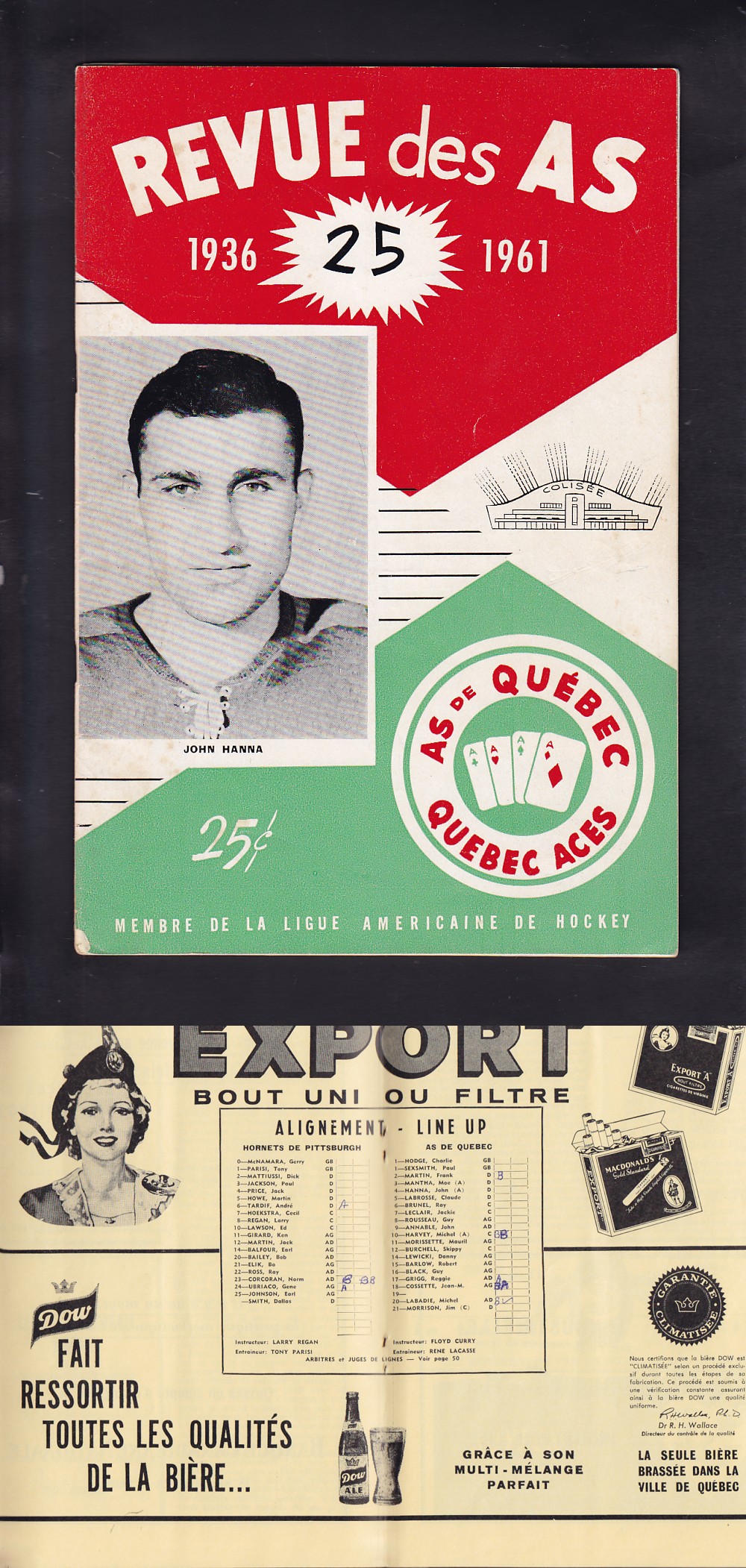 1961-62 QUEBEC ACES VS PITTSBURGH HORNETS PROGRAM photo 1961-62 QUEBEC ACES VS PITTSBURGH HORNETS PROGRAM photo