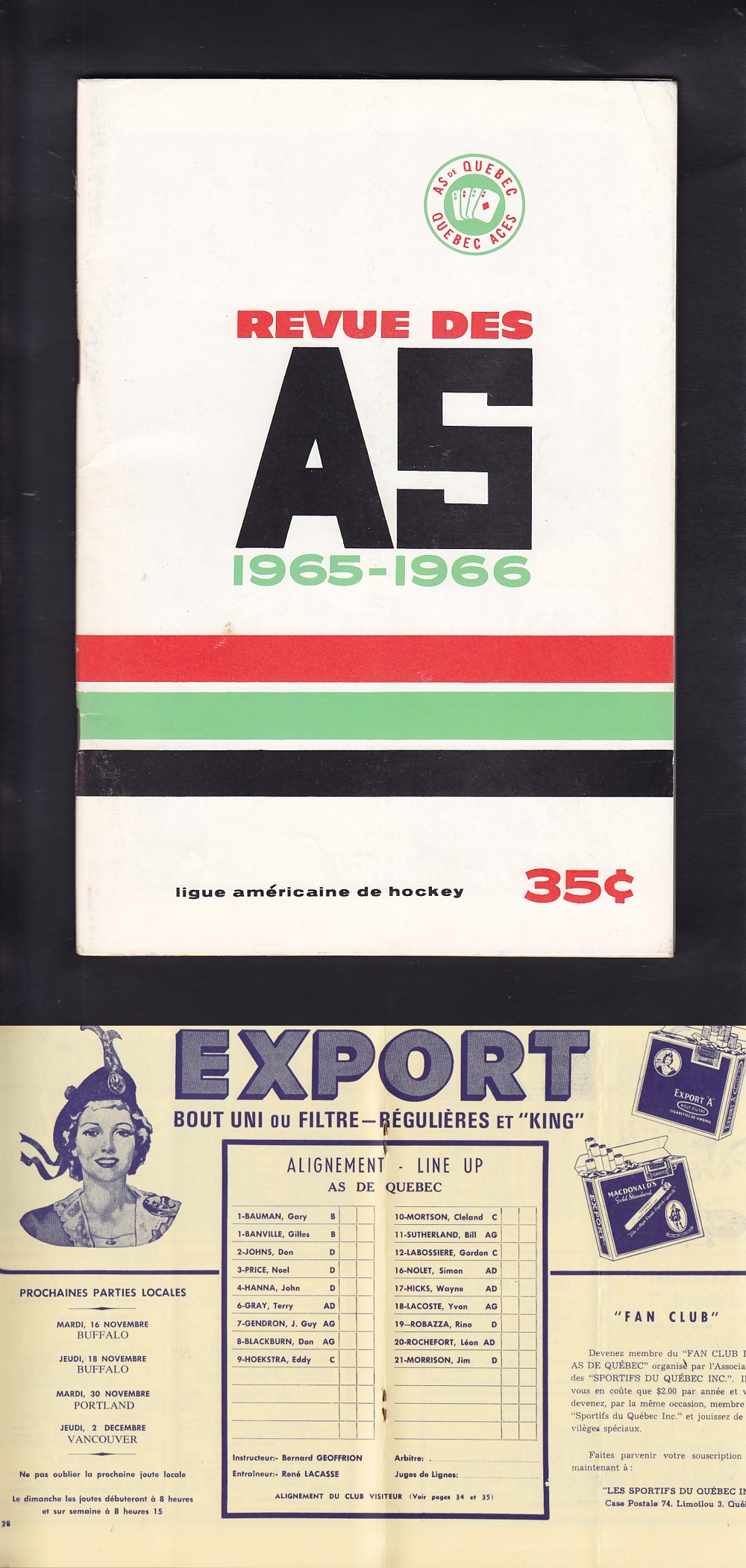1965-66 QUEBEC ACES VS SPRINGFIELD INDIANS PROGRAM photo 1965-66 QUEBEC ACES VS SPRINGFIELD INDIANS PROGRAM photo