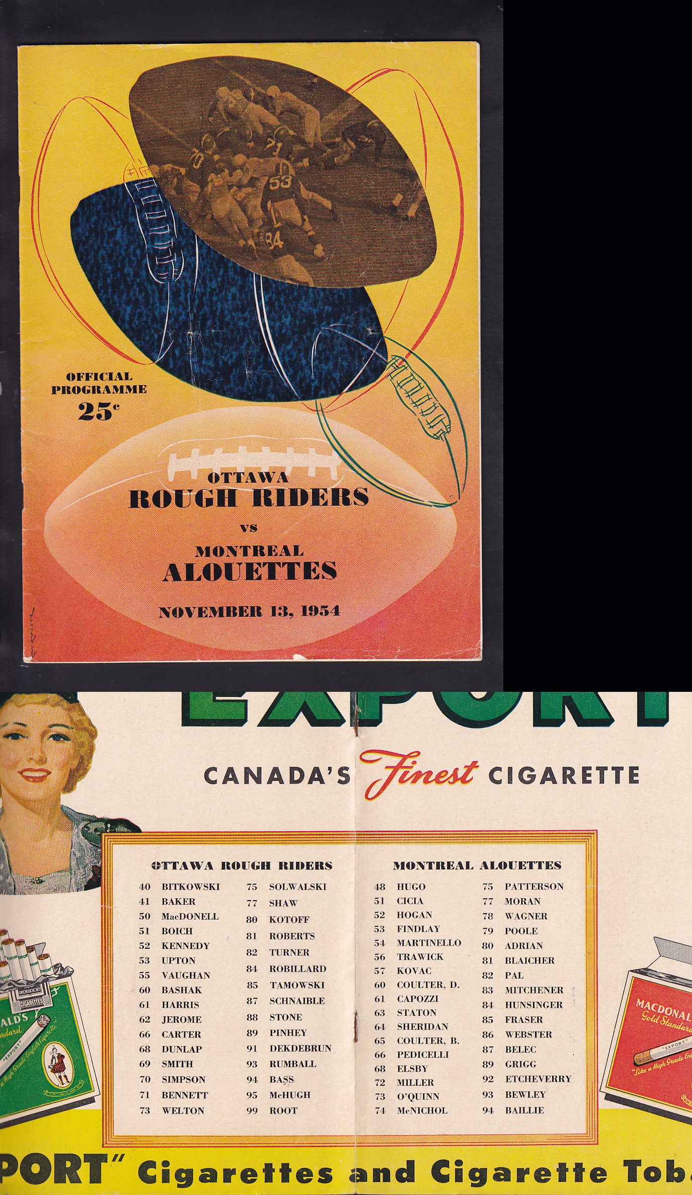 1954 CFL OTTAWA ROUGH RIDERS VS MONTREAL ALOUETTES PROGRAM photo 1954 CFL OTTAWA ROUGH RIDERS VS MONTREAL ALOUETTES PROGRAM photo