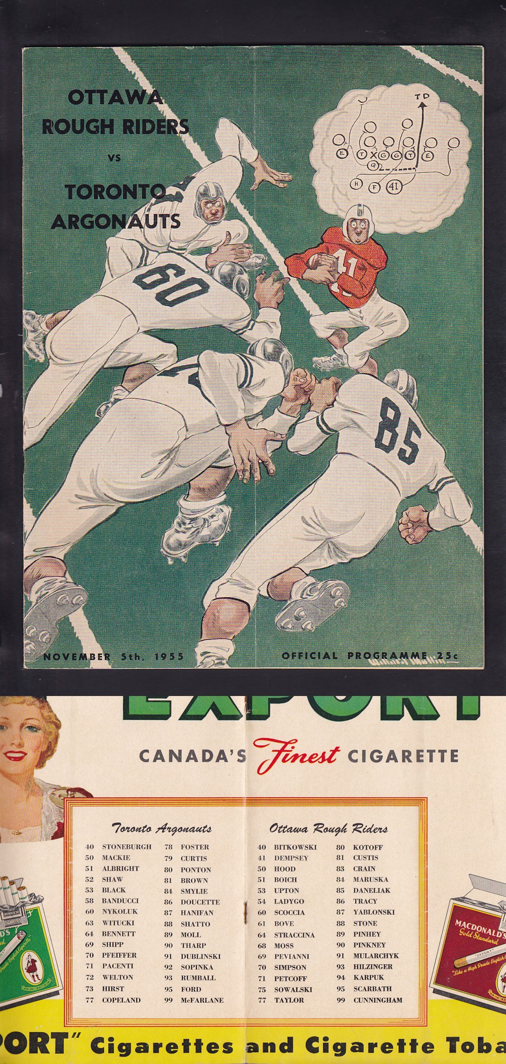 1955 CFL OTTAWA ROUGH RIDERS VS TORONTO ARGONAUTS PROGRAM photo 1955 CFL OTTAWA ROUGH RIDERS VS TORONTO ARGONAUTS PROGRAM photo