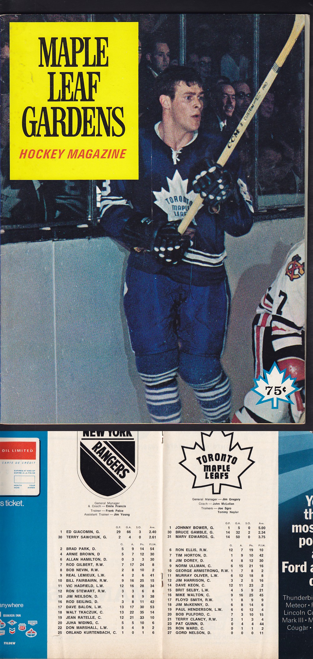 1969 TORONTO MAPLE LEAFS VS NY RANGERS PROGRAM photo 1969 TORONTO MAPLE LEAFS VS NY RANGERS PROGRAM photo