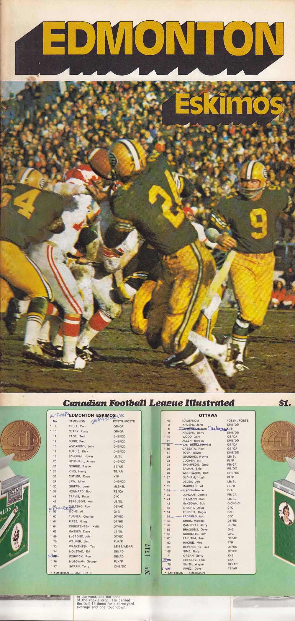 1971 CFL OTTAWA ROUGH RIDERS VS EDMONTON ESKIMOS PROGRAM photo 1971 CFL OTTAWA ROUGH RIDERS VS EDMONTON ESKIMOS PROGRAM photo