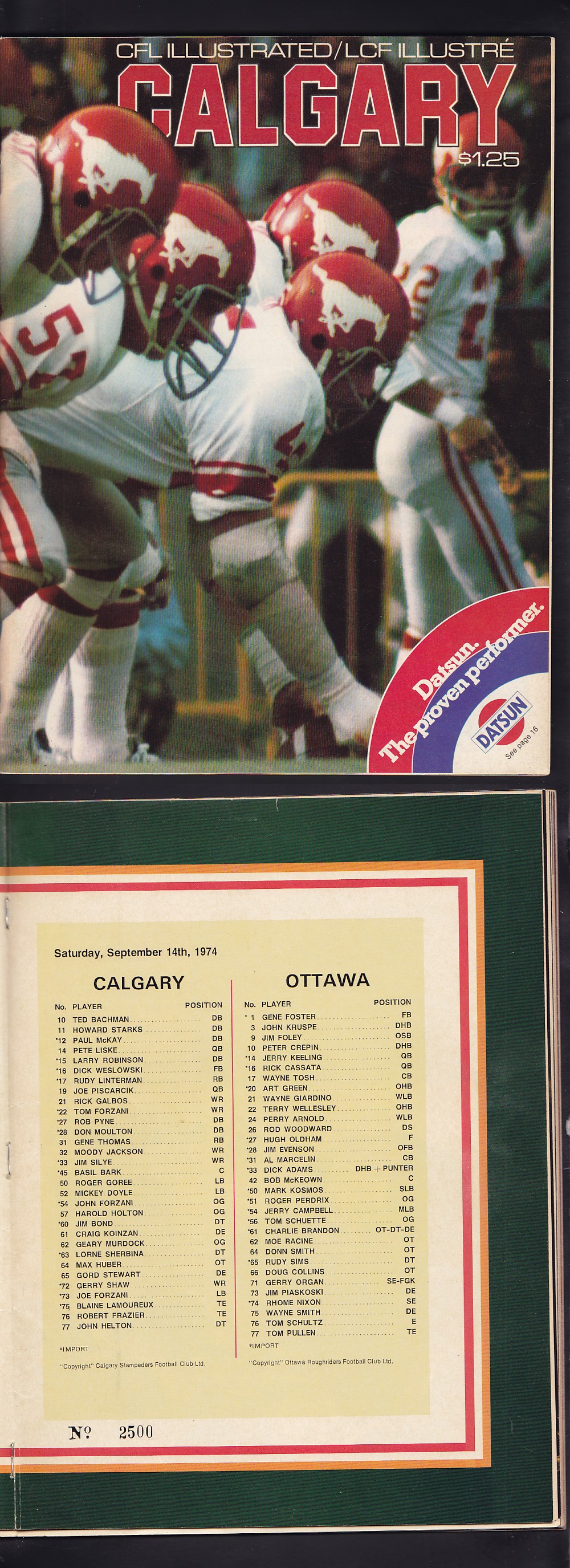 1974 CFL OTTAWA ROUGH RIDERS VS CALGARY STAMPEDERS PROGRAM photo 1974 CFL OTTAWA ROUGH RIDERS VS CALGARY STAMPEDERS PROGRAM photo