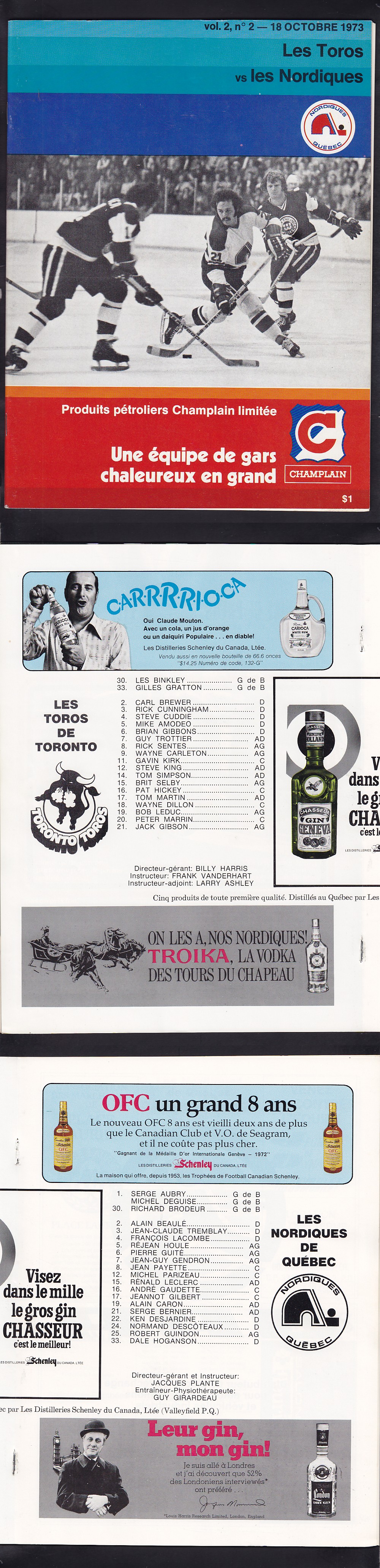 1973 WHA QUEBEC NORDIQUES VS TORONTO TOROS PROGRAM photo 1973 WHA QUEBEC NORDIQUES VS TORONTO TOROS PROGRAM photo