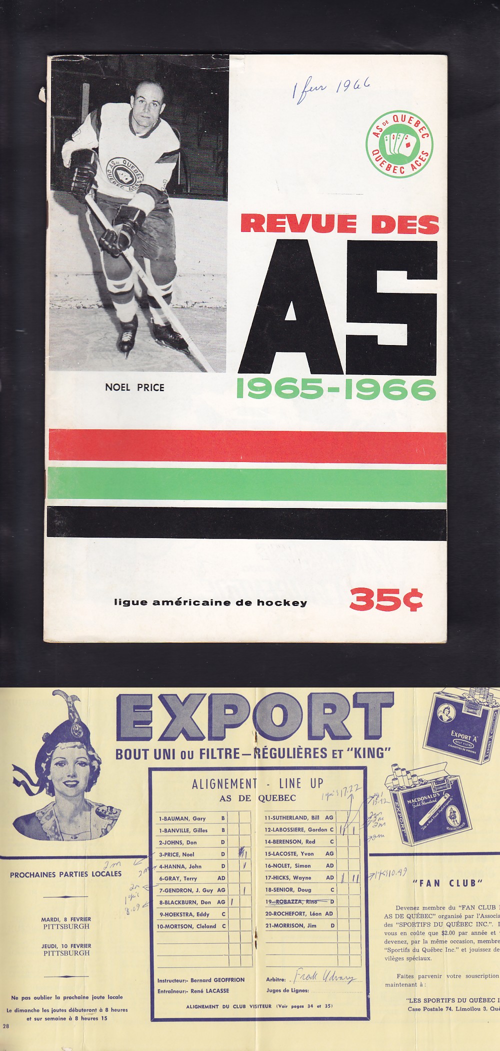 1966 QUEBEC ACES VS ROCHESTER AMERICANS PROGRAM photo 1966 QUEBEC ACES VS ROCHESTER AMERICANS PROGRAM photo