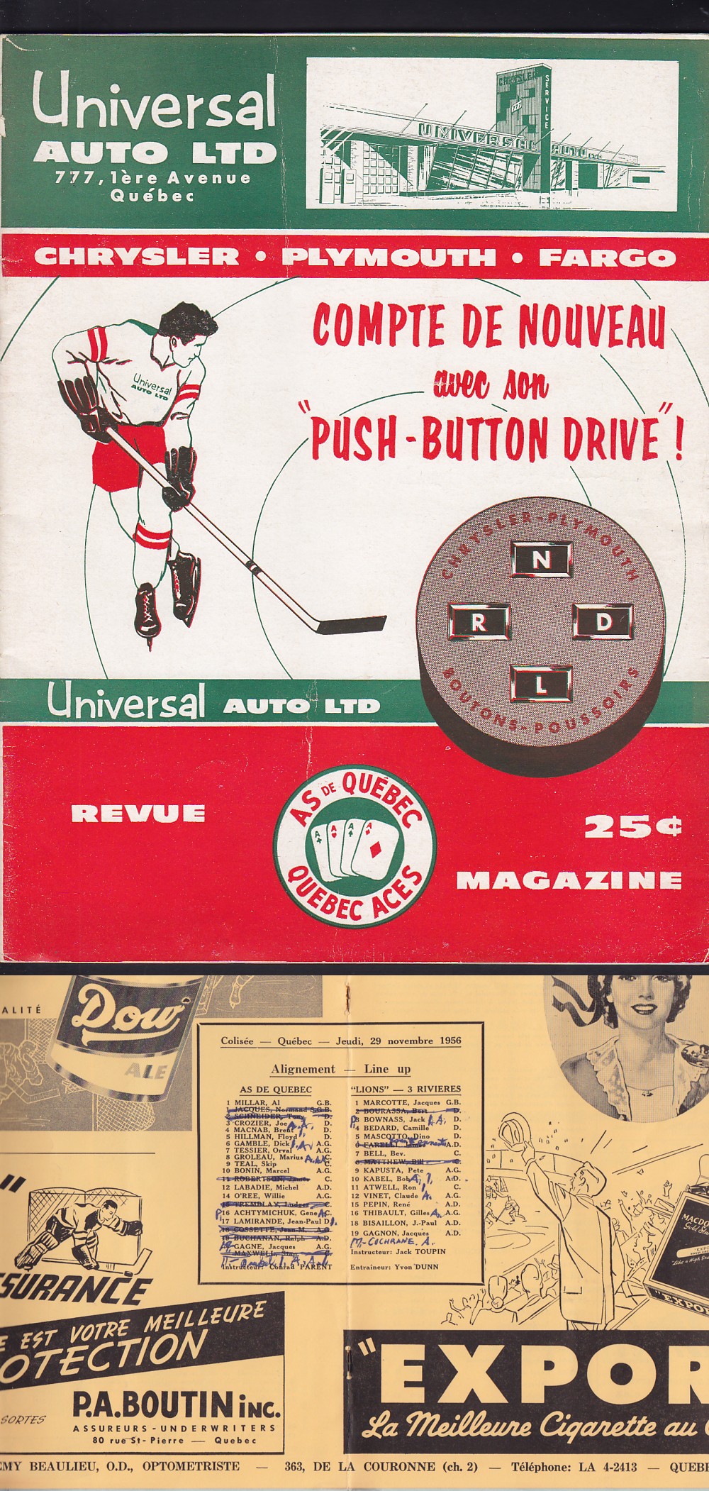 1956 QUEBEC ACES VS TROIS RIVIERES LIONS PROGRAM photo 1956 QUEBEC ACES VS TROIS RIVIERES LIONS PROGRAM photo